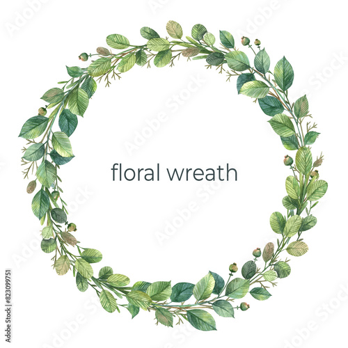 Floral wreath design with watercolor botany green leaves and branches. Circle card template with copy space