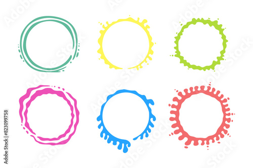 Vector set of colorful circle paint strokes for frames, icons, design elements. Empty space. Six splashes.