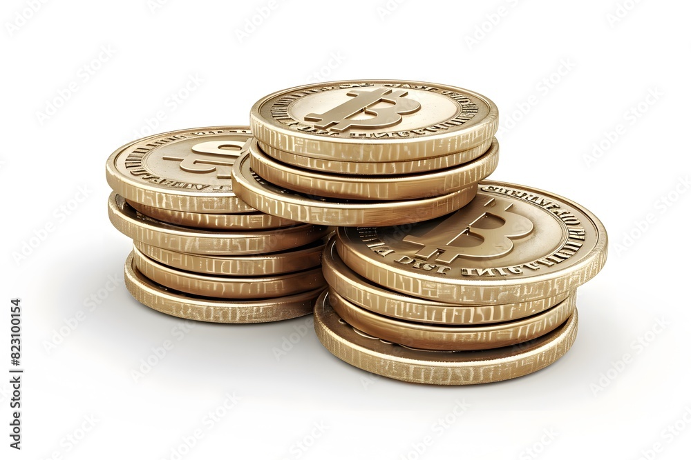 Close up of pile of coins with bitcoin on top Close up of pile of coins with bitcoin on top