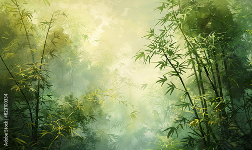 Peaceful bamboo grove with light filtering through the leaves, rendered in soft greens and earth tones , Generate AI