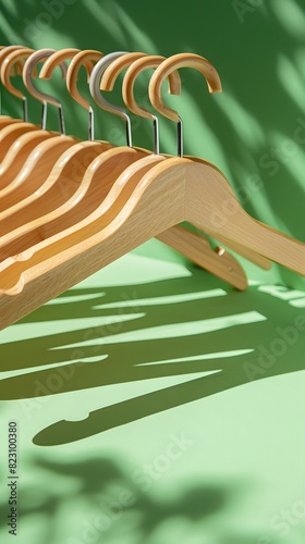 Four wooden hangers on a green surface