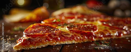 Close-up of a delicious pepperoni pizza slice with melted cheese and crispy crust, perfect for food advertisements and menus.