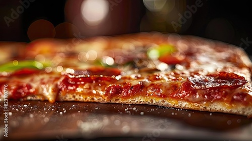 Close-up of a delicious pepperoni pizza slice with melted cheese and crispy crust, perfect for food and culinary imagery.