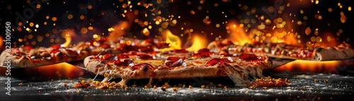 Delicious freshly baked pepperoni pizza with flames in the background, capturing the essence of a fiery and appetizing culinary delight. photo