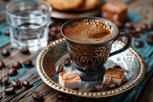 A cup of coffee and some chocolates on a plate