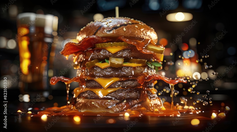 Delicious towering cheeseburger with melting cheese, bacon, and sauce, with blurred background and beverage. Delicious towering cheeseburger with melting cheese, bacon, and sauce, with blurred background and beverage.