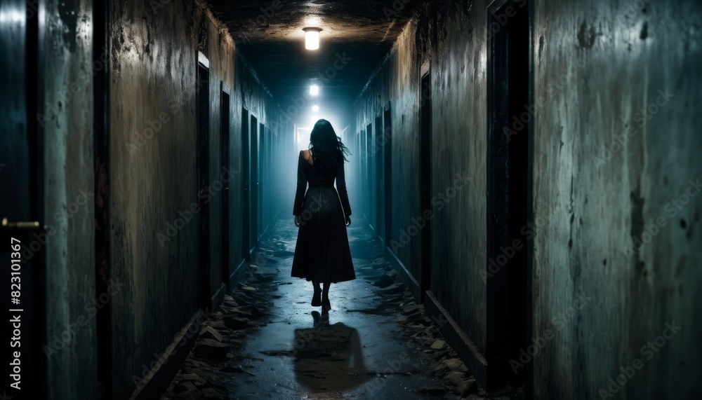 A solitary figure of a woman walking away in a dimly lit, decrepit corridor, evoking suspense and mystery.. AI Generation A solitary figure of a woman walking away in a dimly lit, decrepit corridor, evoking suspense and mystery.. AI Generation