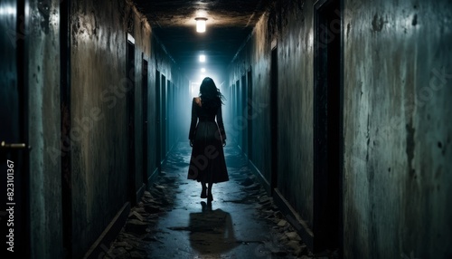 A solitary figure of a woman walking away in a dimly lit, decrepit corridor, evoking suspense and mystery.. AI Generation
