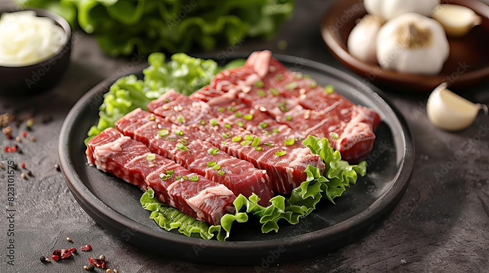 Depict a beautifully arranged plate of raw samgyeopsal, ready to be grilled, accompanied by fresh lettuce leaves and garlic slices, Close up Depict a beautifully arranged plate of raw samgyeopsal, ready to be grilled, accompanied by fresh lettuce leaves and garlic slices, Close up