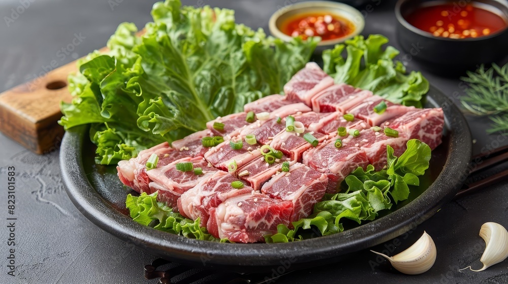 Depict a beautifully arranged plate of raw samgyeopsal, ready to be grilled, accompanied by fresh lettuce leaves and garlic slices, Close up Depict a beautifully arranged plate of raw samgyeopsal, ready to be grilled, accompanied by fresh lettuce leaves and garlic slices, Close up