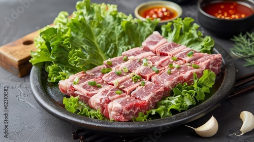 Depict a beautifully arranged plate of raw samgyeopsal, ready to be grilled, accompanied by fresh lettuce leaves and garlic slices, Close up