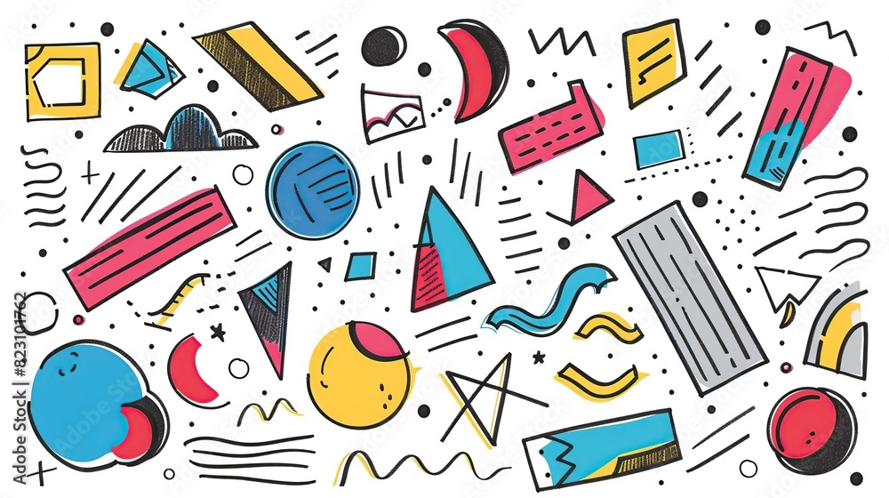 Colorful hand drawing of various shapes and objects, including a star, a triangle, heart and others on white background. Colorful hand drawing of various shapes and objects, including a star, a triangle, heart and others on white background.