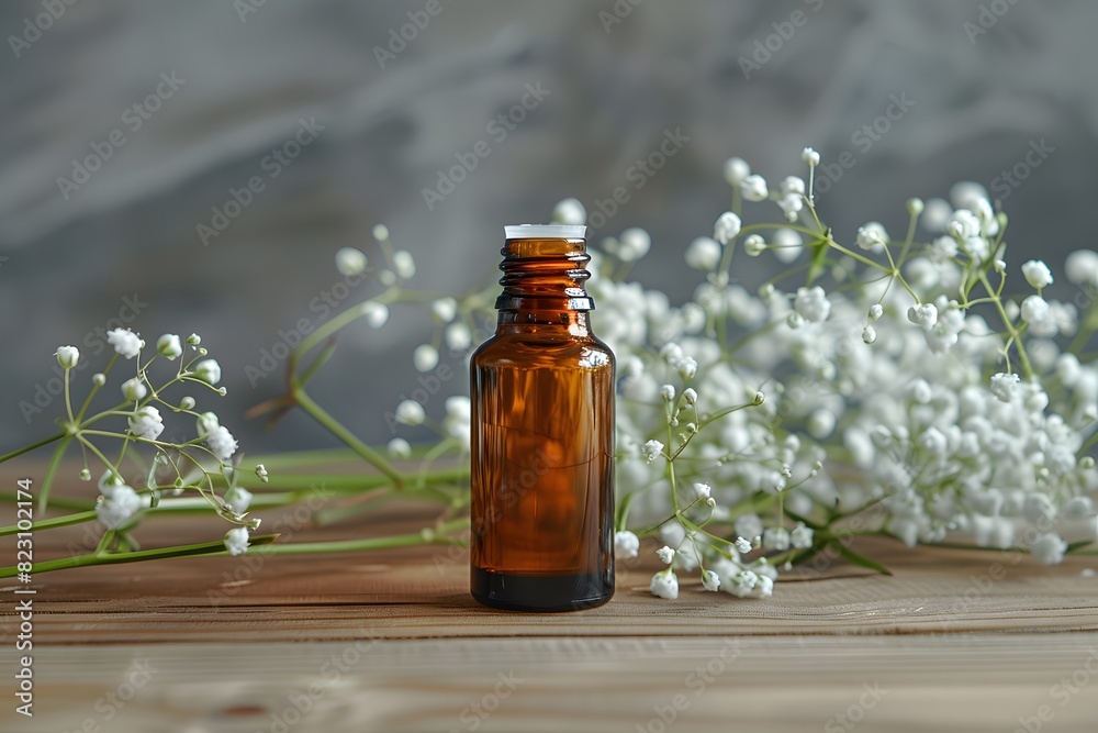 A small bottle of essential oil with flowers on a table A small bottle of essential oil with flowers on a table
