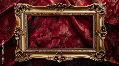 A large vintage blank picture frame in ornate gold baroque style set against deep crimson wallpaper. photo