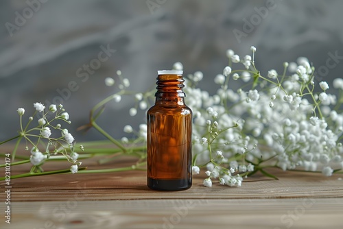 A small bottle of essential oil with flowers on a table