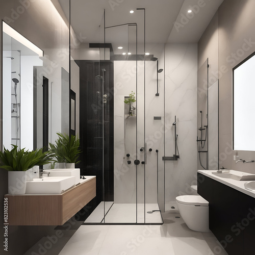 Digitally generated image of a luxury bathroom with marble tiles