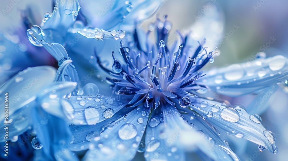 Water droplets cling to the petals of a blue cornflower in exquisite detail. Water droplets cling to the petals of a blue cornflower in exquisite detail.