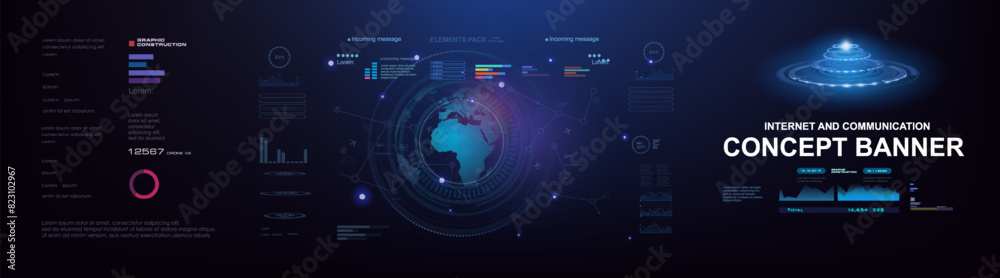 Concept banner with HUD elements. Planet earth on futuristic cyber background. Process of exchanging information and data through the global Internet. Advanced internet technologies and communications