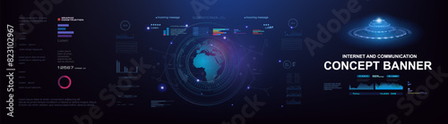 Concept banner with HUD elements. Planet earth on futuristic cyber background. Process of exchanging information and data through the global Internet. Advanced internet technologies and communications