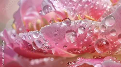 Droplets of rain cling to the petals of a pink lotus flower in exquisite detail. 