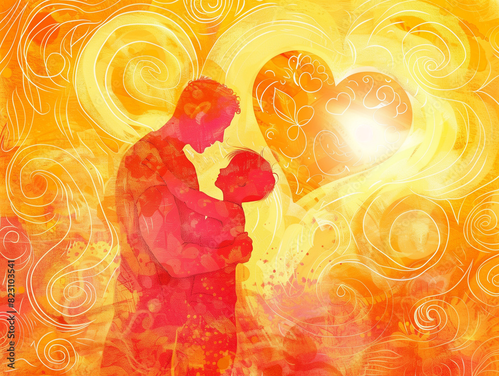Embracing Father and Son Bond Surrounded by Swirling Waves of Affection, Heartwarming Father’s Day Themed Art with Radiant Sun and Fluttering Butterflies with Heart of Love Embracing Father and Son Bond Surrounded by Swirling Waves of Affection, Heartwarming Father’s Day Themed Art with Radiant Sun and Fluttering Butterflies with Heart of Love