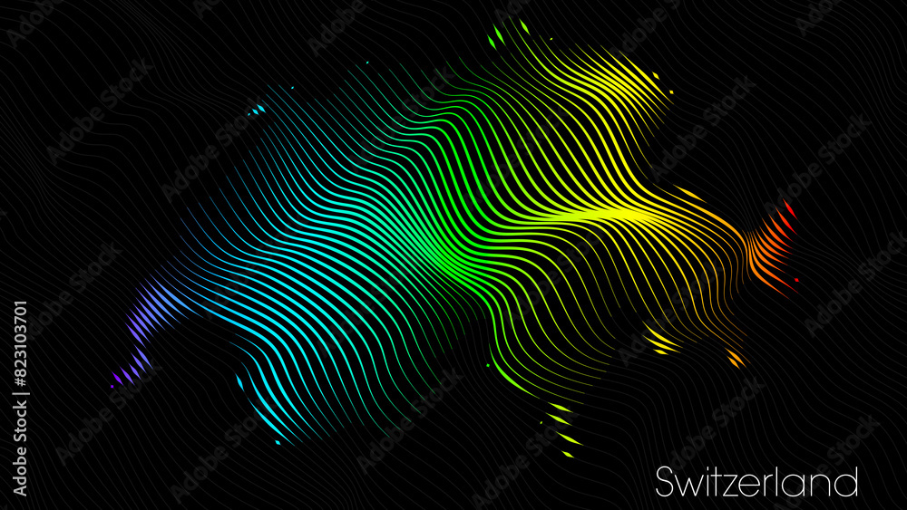 A map of Switzerland is presented in the form of colorful vertical lines against a dark background. The country's borders are depicted in the shape of a rainbow-colored diagram. A map of Switzerland is presented in the form of colorful vertical lines against a dark background. The country's borders are depicted in the shape of a rainbow-colored diagram.