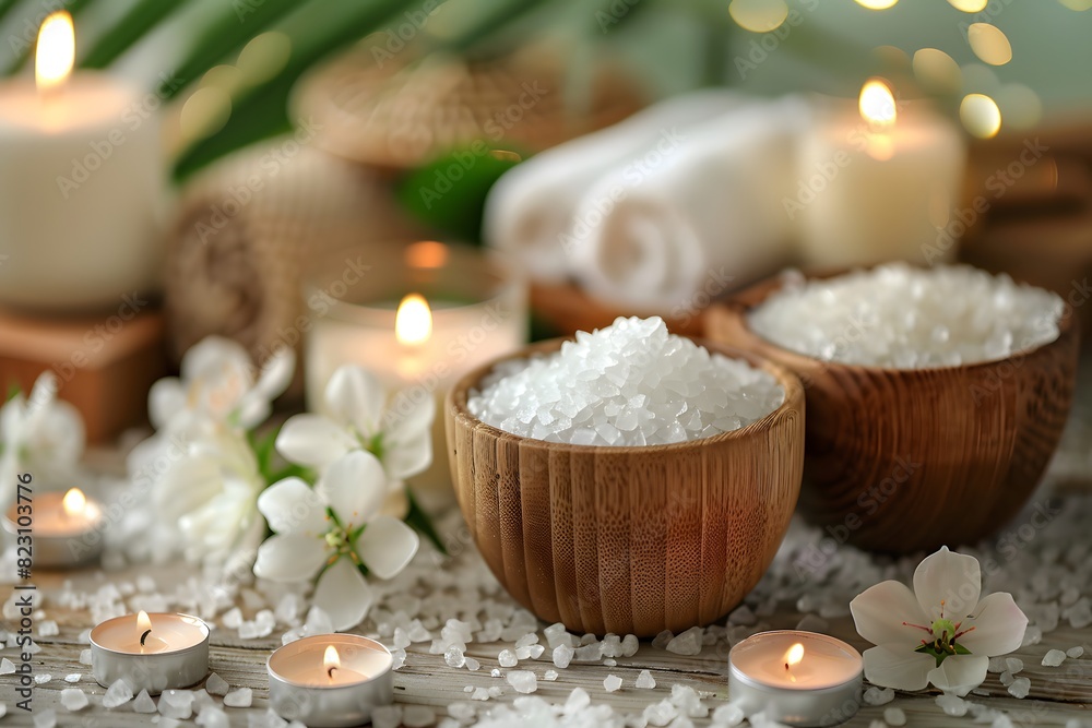 Candles and salt in bowls with flowers and candles on a table