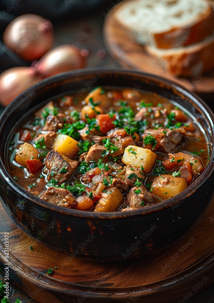Eintopf - Hearty stew with meat, vegetables, and potatoes in a thick broth.
