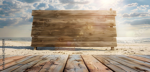 Sunny beach with a blank aged teak wood signboard and rosewood-stained flooring.