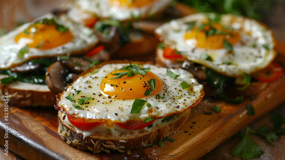 Veggie and eggs with Whole Grain Toast Mix up with mushroom, onion, spinach, tomato, healthy food choice Veggie and eggs with Whole Grain Toast Mix up with mushroom, onion, spinach, tomato, healthy food choice