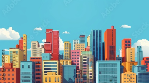 A beautiful cityscape with tall buildings in various colors reaching towards the sky.