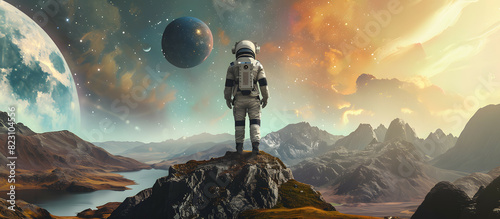 astronaut standding on the top of the hill looking to surreal alien landscape with planets and stars photo
