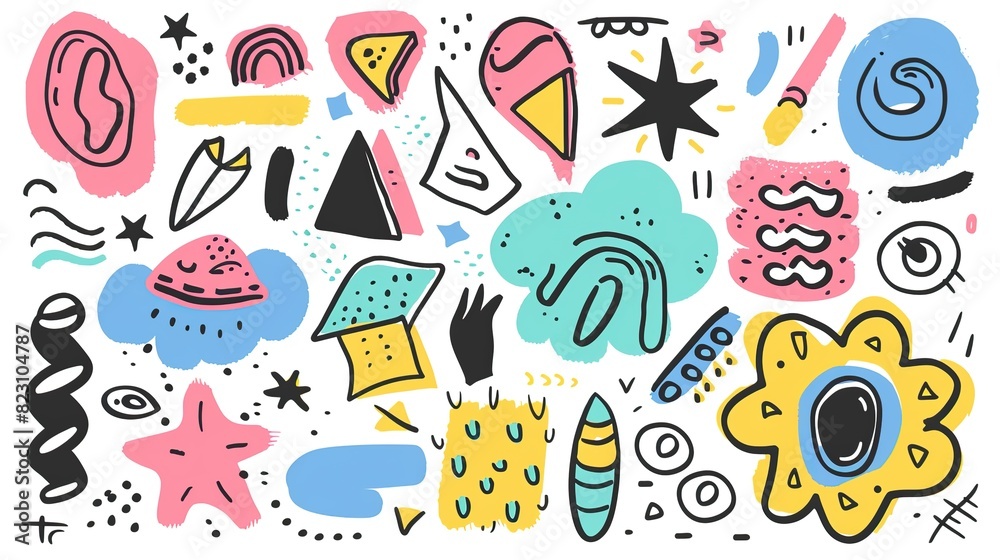 Colorful hand drawing of various shapes and objects, including a star, a triangle, heart and others on white background.