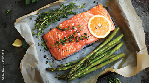 salmon with baked asparagus with herbs, thyme and rosemary. Healthy dish options photo