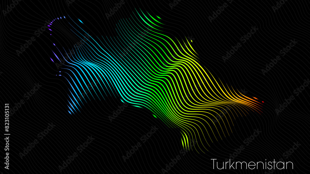 A map of Turkmenistan is presented in the form of colorful vertical lines against a dark background. The country's borders are depicted in the shape of a rainbow-colored diagram. A map of Turkmenistan is presented in the form of colorful vertical lines against a dark background. The country's borders are depicted in the shape of a rainbow-colored diagram.