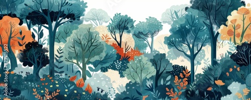 Adorable animals nestled in trees, designed for kids' room wallpaper using generative AI. photo