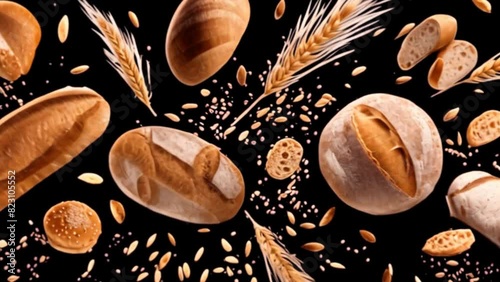 A variety of bread types Flying wheat ears photo