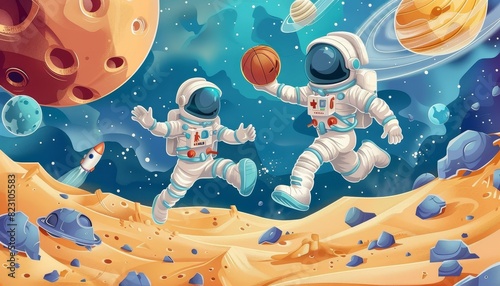 Sport activities involving astronauts playing football and basketball, illustrated for a kid's nursery mural wallpaper, with 2D hand-drawn illustrations featuring a space theme.