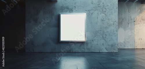 Surreal floating empty picture frame in a minimalist art gallery with extended format. photo