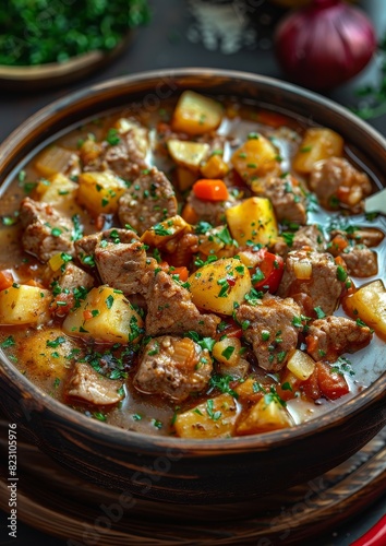 Eintopf - Hearty stew with meat, vegetables, and potatoes in a thick broth.