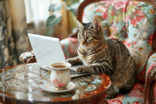 chat télétravail, travail, ordinateur, casque photo