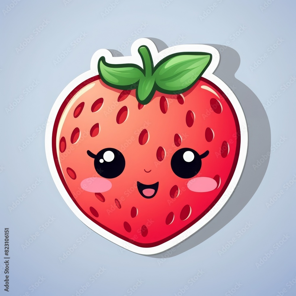 Obraz premium Cute kawaii strawberry character illustration with a happy face, perfect for kids' designs and fruity themes on a light background.