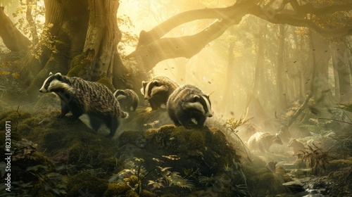 Badgers in a Foggy Forest photo