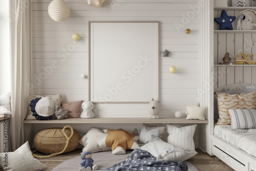 A poster frame mock-up designed for a child's bedroom, featuring a Scandinavian-style interior background, rendered in 3D.