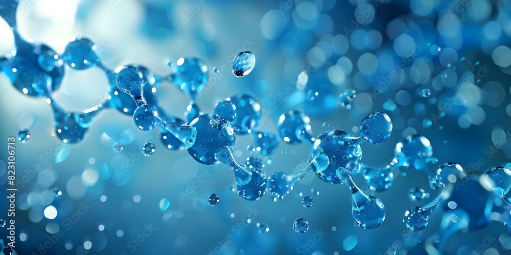 Blue molecular structure with water drop and DNA model on a serum background. Concept Science, Chemistry, Biology, Molecular Structure, DNA Model, Water Drop, Serum Background
