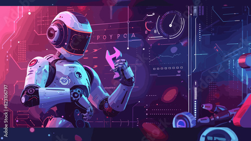 Futuristic 404 Error Page with Robotic Mechanic Holding Wrench, Chatbot Discussing Connection Issues on Website Under Construction photo