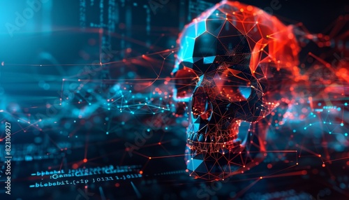 An abstract graphic featuring a low poly skull with a futuristic programming interface, illustrating the concept of cybercrime or computer viruses in a visually striking manner.