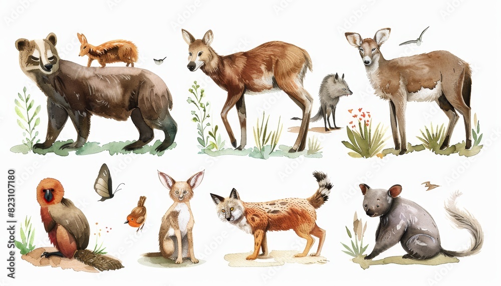 An adorable collection of watercolor animals, featuring creatures from the forest, farm, jungle, and desert, perfect for childrenâ€™s book illustrations and educational materials.