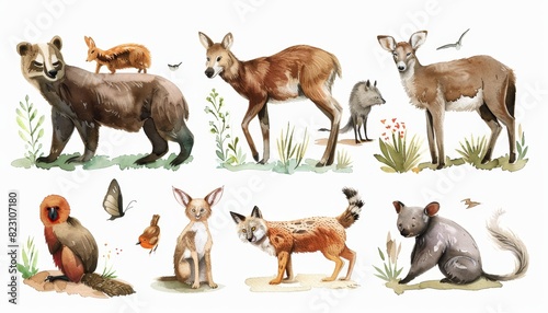 An adorable collection of watercolor animals, featuring creatures from the forest, farm, jungle, and desert, perfect for childrenâ€™s book illustrations and educational materials.