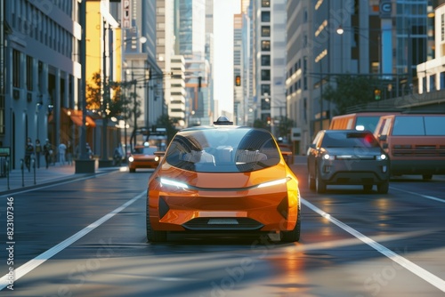 This 3D rendering showcases an autonomous self-driving electric vehicle smoothly changing lanes and overtaking another car in a bustling city environment, highlighting advanced automotive technology. © Rattana